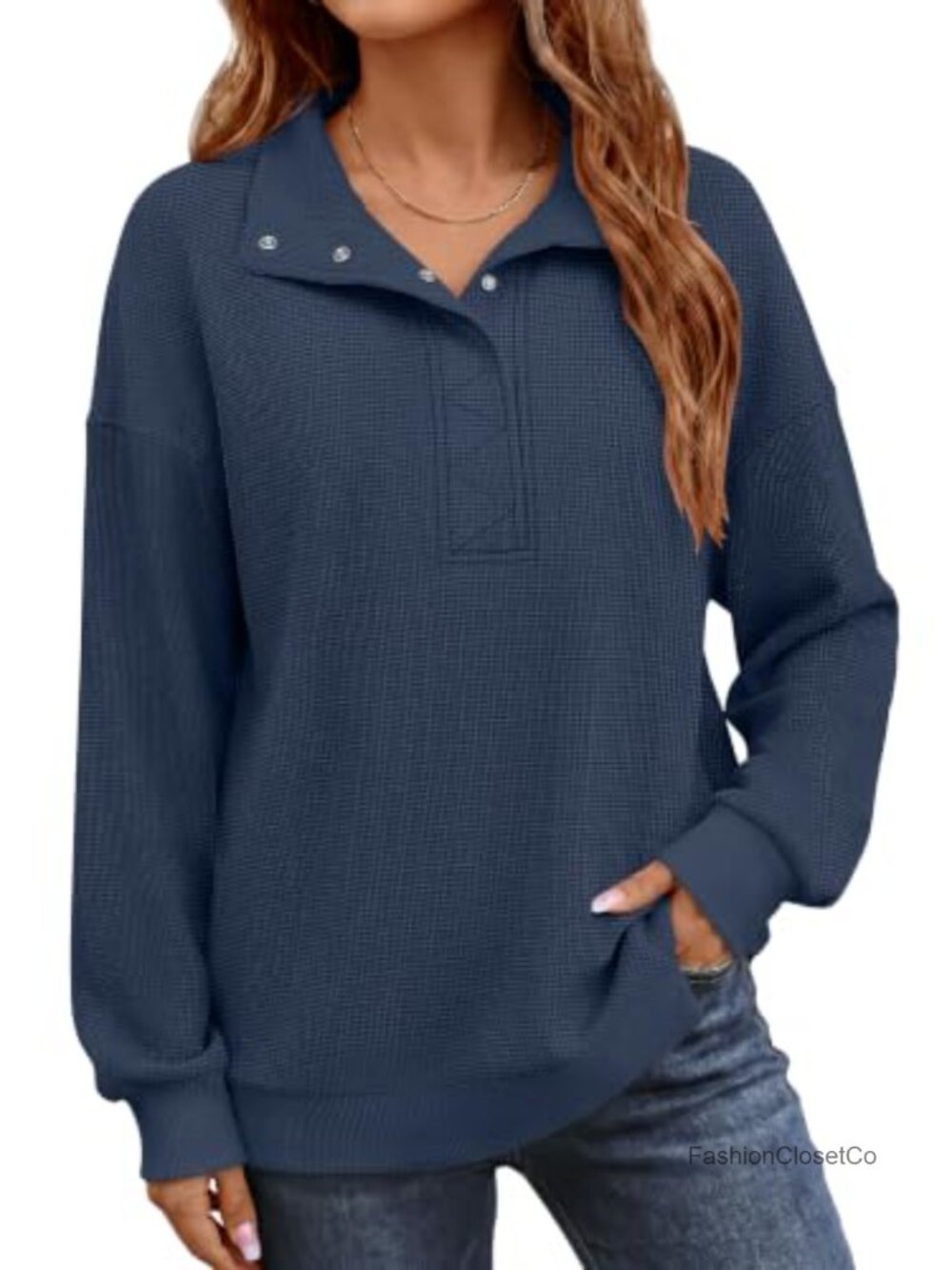 Women Waffle Knit Henley Sweatshirt